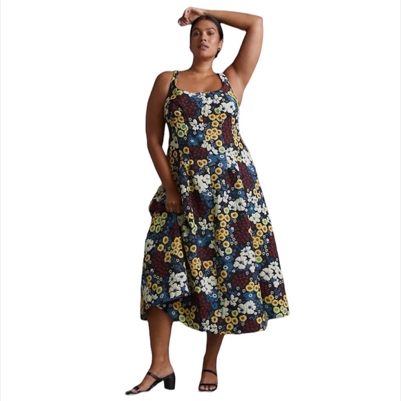 Anthro Maeve Marigold Floral jacquard Midi Dress Sleeveless Scoop Neck 12 Large - Picture 3 of 17